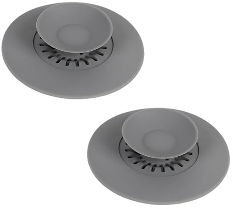 2 Pezzi Universali Tappi di Scarico in Silicone, Tappo Lavandino e Vasca da Bagno con Funzione Pressa e Filtro per Capelli, Pratico Scarico per Lavandini, Vasche da Bagno e Lavelli (Grigio)