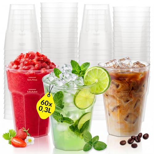 DanzeyGreen 60 Stück Partybecher Mehrwegbecher 0,3L / 10oz, bruchsichere Cocktail Becher aus Hartplastik,neuneckig & stabil, Party Plastikbecher für Events, Gastronomie & Hochzeit