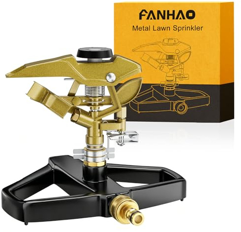 FANHAO Aspersor de Impacto Pesado para Césped con Base metálica, Cabezal Pulsante Ajustable de 360°, Cubre hasta 540 m² para Jardín, Patio y Parterre
