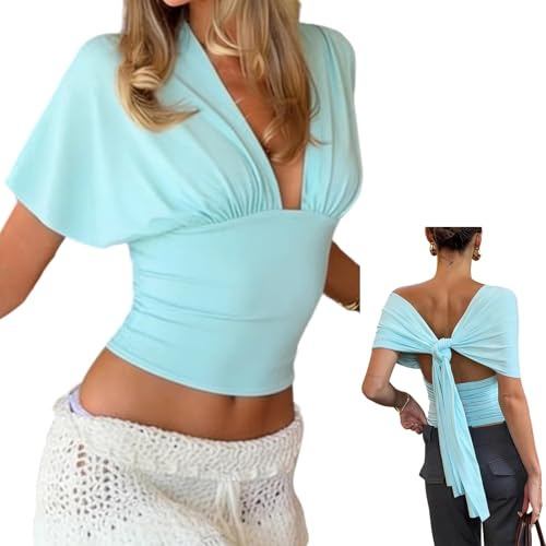 Barbotimer Women Cinched Waist Batwing Short Sleeve Wrap Top Y2K Open Back Deep V Neck Off Shoulder Tank Top Slim Fit Bow Tie Back Shirt