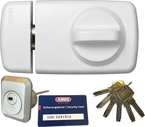 ABUS Tür-Zusatzschloss 7010 W weiß, EC660, Kastenschloss mit Drehknauf, mit 6 Schlüssel und Sicherungskarte, Ausführung EK (Metallausführung)
