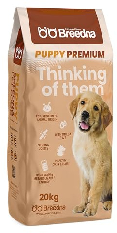 BREEDNA - Puppy Premium 20kg | Croquettes pour Chiots | pour la Grossesse et l'allaitement | 90% de Protéine Animale et Acides Gras Oméga 3 et 6 | Nourriture pour Chiens dès Le Premier Mois de Vie..