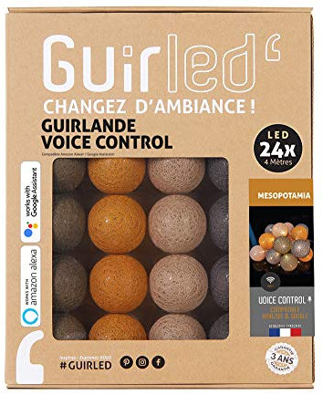 GuirLED - Ghirlanda luminosa con sfere di cotone LED USB, controllo Vocale – Amazon Alexa & Google Assistant – programmabile all'infinito – caricatore doppio USB 2A incluso – Mesopotamia, 24 Sfere