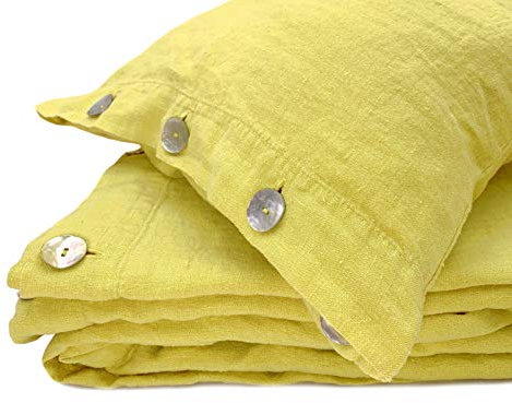JOWOLLINA - Biancheria da letto in lino naturale slavato (155 x 220 cm, 80 x 80 cm, verde limone