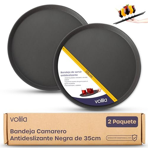 Volila Black Round Non-Slip Tray - 35 cm (2 Pack) Rubberized for Serving Food and Drinks - Dishwasher Safe for Parties, Gatherings, Bars, Restaurants and Home
