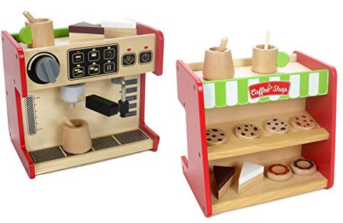 Kaufladen Holz, Kaffeemaschine Kaffeevollautomat mit Drehschalter, Torten, Kuchen, Becher und Kanne mit Rührstab