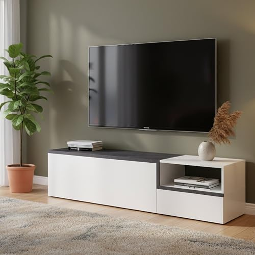 Dmora - Meuble TV Lapo, Buffet bas de salon avec 2 portes, Base pour meuble TV, 100% Made in Italy, 160x40h46 cm, Blanc brillant et ardoise