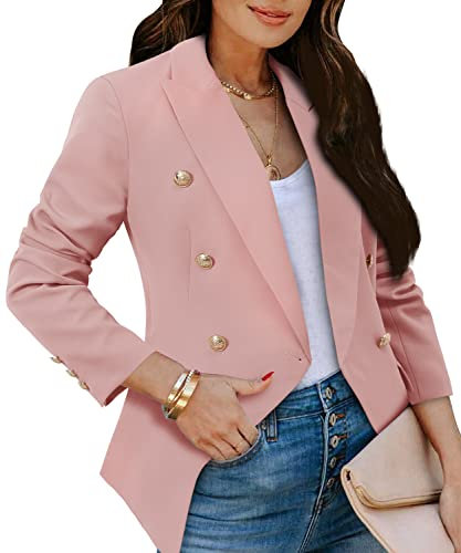 CRAZY GRID Womens Lapel Double Breasted Business Casual Suit Jacket Long Sleeve Dressy Blazer Ladies Work Office Blazer Pink X-Large