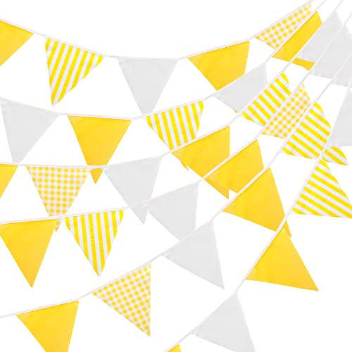 jijAcraft 12M Stoff Wimpel Outdoor Girlande, Wimpelkette Streifen Gelb Bunting Stoffgirlande mit 42 STK Farbenfroh Wimpeln für Hochzeits Geburtstag Garten Party