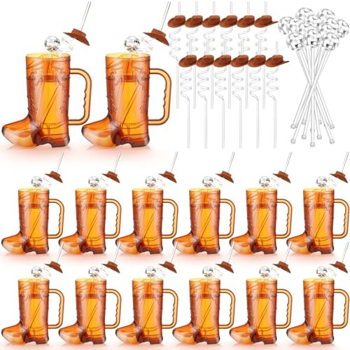 Ziliny 36 Pcs Cowboy Boot Glasses Bulk, 12 Cowboy Drink Mugs 12 Cowgirl Hat Straws 12 Mirror Disco Ball Stirrers for Western Theme Party Bachelorette Birthday Decorations(Brown)