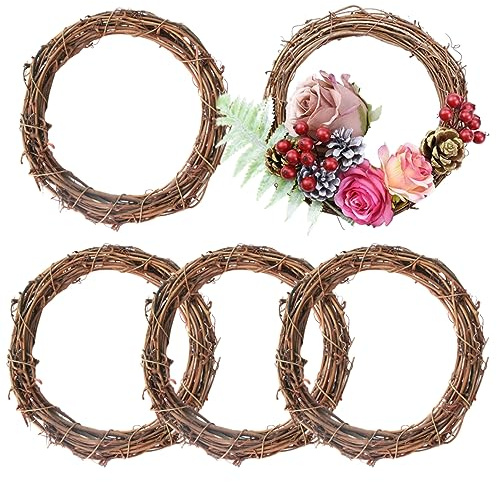 5Pcs Natural Grapevine Wreaths, 10 inch Round Vine Branch Wreath Ring Rattan Wreath Craft Christmas Front Door Wreath for DIY Home Wedding Party Decor, Photo Props