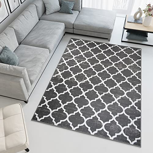 TAPISO Fire Teppich Wohnzimmer Grau Weiß Kurzflor Modern Marokkanisch Geometrisch Kleeblatt Gitter Schlafzimmer Esszimmer ÖKOTEX 140 x 200 cm