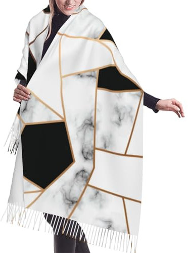 Eagle Warmer langer Winterschal für Damen, großer Schal, gemusterter Druck, Kopftuch, seidiges Gefühl, quadratischer Kopftuch, Vintage-Band, Schal, 196 cm × 68 cm, Marmor-Textur in Schwarz und Weiß.,