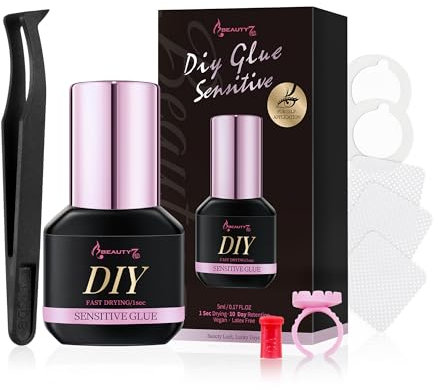 Beauty7 Sensible Pegamento para Extensiones de Pestañas con Pinza, Cluster Lash Pegamento Long Lasting Bond 1 Seg. Secado Rápido 5ml