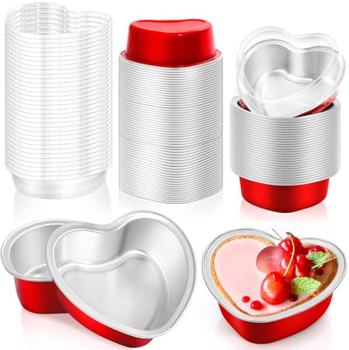Modacraft 60 Pack Heart Shaped Cake Pans with Lids, 3.4oz Disposable Aluminum Foil Mini Cake Pans Cupcake Pans Flan Pan Dessert Baking Cup for Weddings Valentine Mother's Day Birthday Party Xmas