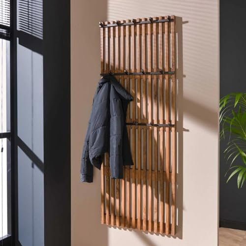 RINGO-Living Wandgarderobe mit 14 Haken/Ablage, Kleider Garderobe Flur aus Massivholz& Metall, rustikale Wandregal Garderobe, Garderobe Jackenhalter, stylische Flur, Hängeregal Industrial