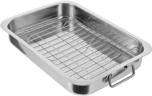 Roasting Pan Stainless Steel Turkey Roaster Pan with Baking Rack Rectangular Grill Suitable for Turkey, Roast Chicken, Ham (42x32x6.5cm)