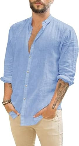 Runcati Camisa de lino de manga larga para hombre, camisa de verano, informal, de corte recto, camisa de ocio, azul, XXL