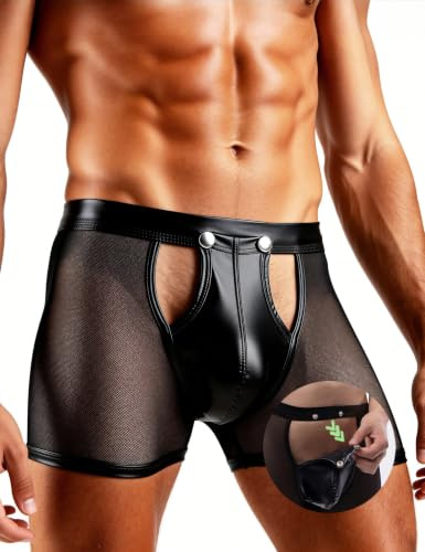 comeondear Calzoncillos Bóxer Sexy para Hombre de Malla y Cuero Sintético | Ropa Interior con Bolsa U Abierta Frontal,Boxer Transpirables Elásticos,Lenceria Sexy Underwear,Calzones Cuecas Talla Grande