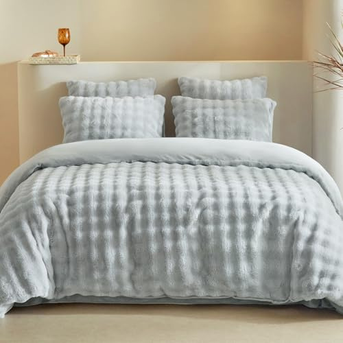 Lekesky Double Duvet Cover Set Teddy Fleece Bedding, Soft Warm Fleece Double Duvet Set (1x Fluffy Duvet Cover + 2x Pillowcases) Grey Fluffy Bedding 200x200 cm, Grey