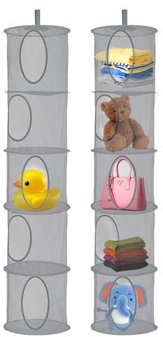 LZYDKH 2 Stück Hängenetz Aufbewahrung, 5 Stufe Hängeaufbewahrung Netz Hängeregal Stoff Faltbare Hängende Aufbewahrungstasche Hängender Speicherkorb für Kleine Kleidung(Grau)