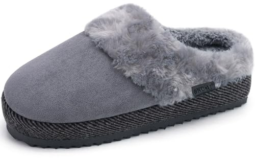ONCAI Chaussons Femme Pantoufles à Semelle de Tapis de Yoga Moussée Confortable Chaud Fausse Fourrure en Poils Hirsutes Suède Semelle en Caoutchouc Hiver Intérieur/Extérieur Gris Dimensions 38