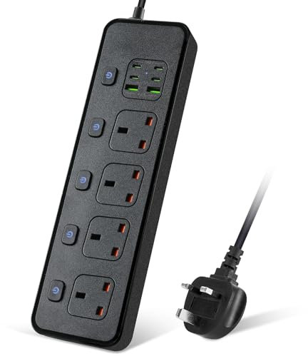 Extension Lead with USB Slots, 4 Way Sockets Outlets with 4 USB-C Ports and 2 USB Ports, 3250W Individual Switches 1.8M Extension Cable with Protected Power Strips, UK Multi Plug Adapter (Black)