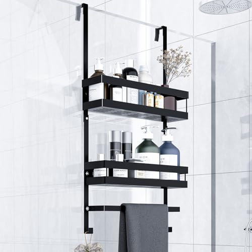 HouseUp Duschablage zum Hängen Schwarz, Duschregal mit 2 Duschkörben zum Hängen, Duschablage Ohne Bohren für Glasduschtüren, Duschkorb Edelstahl, Shampoo Halterung für Dusche