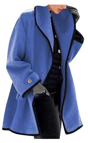 OMZIN Donna Inverno Pulsante Cappotto Con Cappuccio Di Media Lunghezza Oversized Scialle Collare Lana Miscela Pea Giacca Blu XL