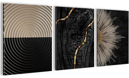 Novart Wandbilder Set Abstrakte Figuren - KOMPLETT AUFHÄNGFERTIG - Wohnzimmer Schlafzimmer Flur Deko - 3 Moderne Bilder Schwarz Gold - N035235a