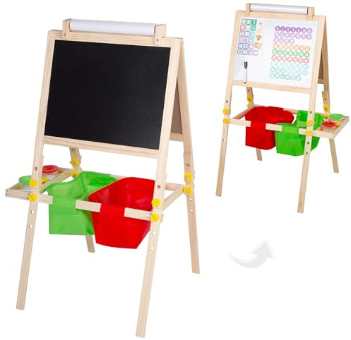 WOOMAX 33048 Pizarra Infantil Doble Cara, Negra y Blanca magnética, y Rollo de Papel, 57x59x93 cm, Incluye tizas, imanes, Borrador y rotulador, Caballete Madera, Diseño 3 en 1, Juguetes niños 3 años