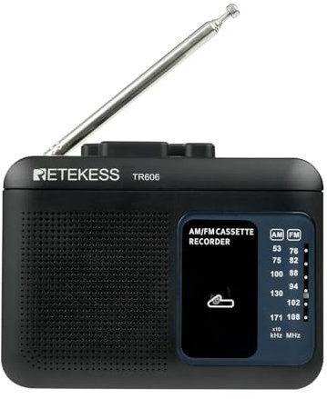 Retekess TR606 Reproductor de Cassette Portátil,FM Am Radio,Radio Cassette Portátil, Jack de Auriculares de 3,5 mm, 2 Métodos de Suministro de Energía,Regalos Entre Amigos (Negro)