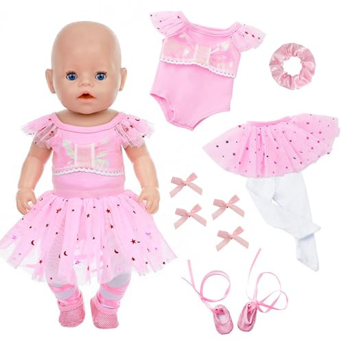 Kleidung Outfits für 12-18 Zoll Baby Puppen, Rosa Ballett Puppen Kleidung mit Jumpsuit Tüll Kleid Strumpfhose Ballett Schuhe Haarband Haarspange für 30-45 cm Neu Baby Puppe Kleidung Mädchen Geschenk