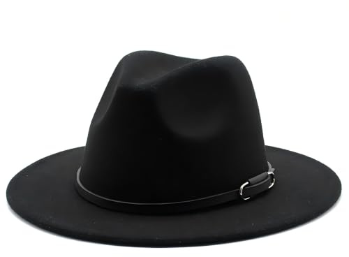 ASTRQLE Chapeau Fedora classique en feutre pour femme - Chapeau de jazz panama à large bord avec boucle de ceinture (noir 56-58 cm)
