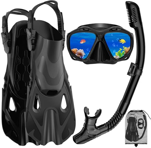 Snorkeling Gear for Adults, Mask Fin Snorkel Set, Dry Top Snorkel Mask, Panoramic View Anti-Leak Anti-Fog 3 in 1 Snorkeling Kit Travel Diving Package with Storage Bag