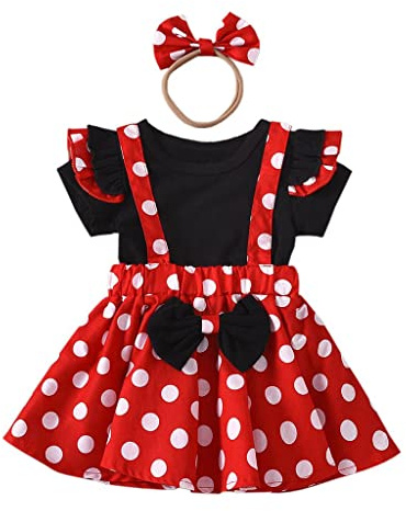 Lito Angels Vestito Topo Cartone Mouse Bambina Costume con Fascia, Carnevale Gonna con Bretelle, Taglia 6-7 anni, Pois Rossi
