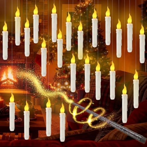 HAUSPROFI Floating Candles with Wand, 24 Pcs Flameless LED Magic Hanging Candles, Remote & Control, Flickering Warm Light for Home Wedding Party Garden Bedroom Ambiance Decor