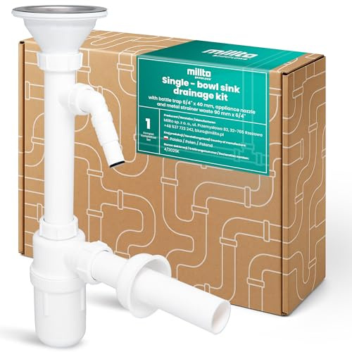 Millto Sifón Botella Para Fregadero Cocina 6/4'' 40 mm Kit Drenaje Cierre Olor Conexión Agua Rejilla Desagüe Plástico Válvula Metal Rejilla Compatible Instalación