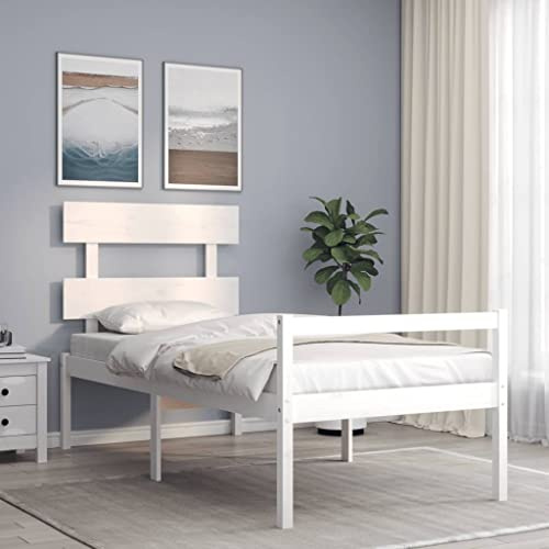 QUAHEAS Letto per anziani in legno massello bianco, 90 x 190 cm, telaio in legno di pino con testiera, altezza letto 45 cm, molto spazio, piattaforma per letto per anziani