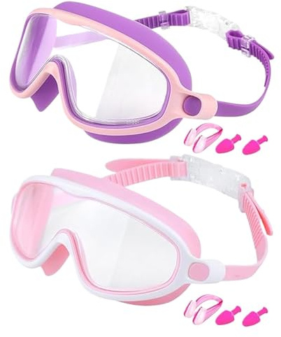 Swim Goggles Kids Wide View UV Protection Anti-Fog Eyewear | with Nose Clip and Earplug adjustable strap No Leaking Boys Swim Goggles for Boys Young Children Pool Diving Indoor Lake