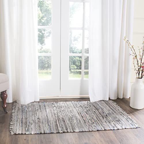 SAFAVIEH Rag Rug Collection Accent Rug - 2' x 3', Grey, Handmade Boho Stripe Cotton, Ideal for High Traffic Areas in Entryway, Living Room, Bedroom (RAR121A)