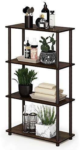 Furinno TURN-N-TUBE Storage Shelves, 4-Tier Toolless Book Shelf, Corner Shelf, Toolless Open Shelves, for Organization and Storage, Living Room, Garage, Home Office, Walnut