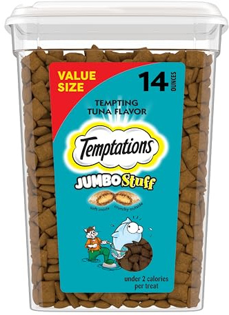 Temptations Jumbo Stuffed Cat Treats, Crunchy and Soft Cat Treats, Tempting Tuna Flavor, 14 oz. Tub