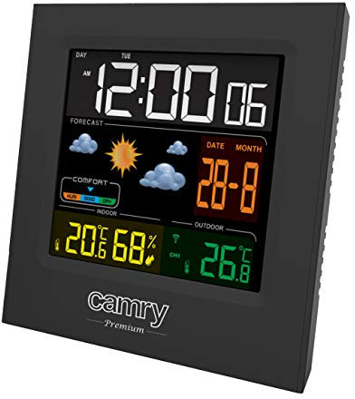 CAMRY CR 1166 Digitale Wetterstation mit Außensensor, für Innen und Außen, Thermometer - Hygrometer, Farbdisplay, Wettervorhersage, für Raum, Büro, Uhr, 2 Wecker, schwarz