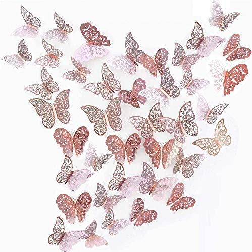 3D Schmetterlinge Deko wand Wandsticker Aufkleber Wandtattoo für Wohnzimmer, Kinderzimmer, Türen, Fenster, Badezimmer, Kühlschrank(36 Stück, roségold) (roségold))