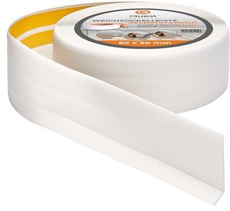 Quest Weichsockelleiste Selbstklebend - 50 mm x 20 mm - Sockelleiste PVC, Flexible Abschlussleiste, Knickleiste für Küche, Badezimmer, Wand, Boden - Dekorativ, UV-Beständig - 20 Meter, Weiß