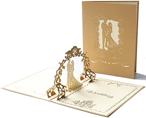 Olakin Pop Up Hochzeitskarte, Pop-Up Karte, 3D Glückwunschkarte mit Hochwertigem Umschlag, für Hochzeitstag, Hochzeitsgeschenk, Geburtstag, Hochzeitseinladung (Gold)