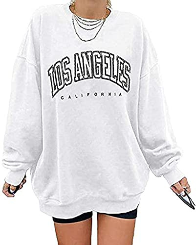 GeGekoko överdimensionerad damtröja Los Angeles California rund hals långärmad ledig lös pullover toppar, La# vit, M