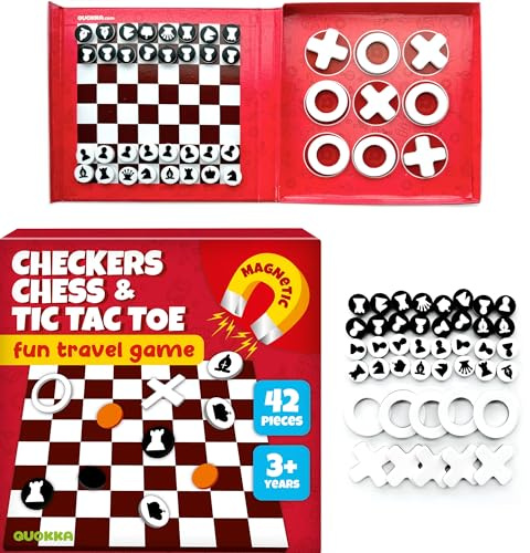 QUOKKA 3 in 1 Schack & Dam & TicTacToe Schackspel För Barn Från 6 År Och Uppåt - Damspel - Tic Tac Toe - 42-Delat Magnetiskt Resespel För 3-5 Åringar - Magnetiskt Reseschack För Pojkar Och Flickor