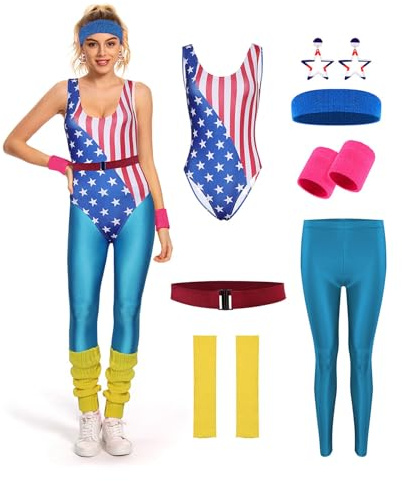 YANVS - Costume da fitness anni '80 da donna, set di 6 pezzi, tuta colorata per aerobica, abbigliamento da yoga e pantaloni sportivi, blu, L